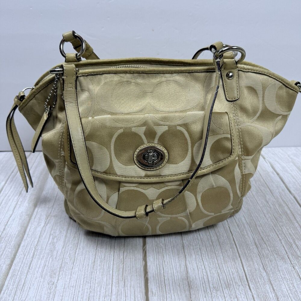 COACH SIGNATURE SHOULDER HOBO TRAVEL SHOPPER TOTE BAG BROWN LEATHER TRIM 13139